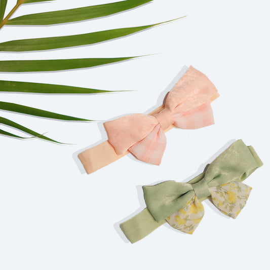 Bow headbands green flowers and peach checks set