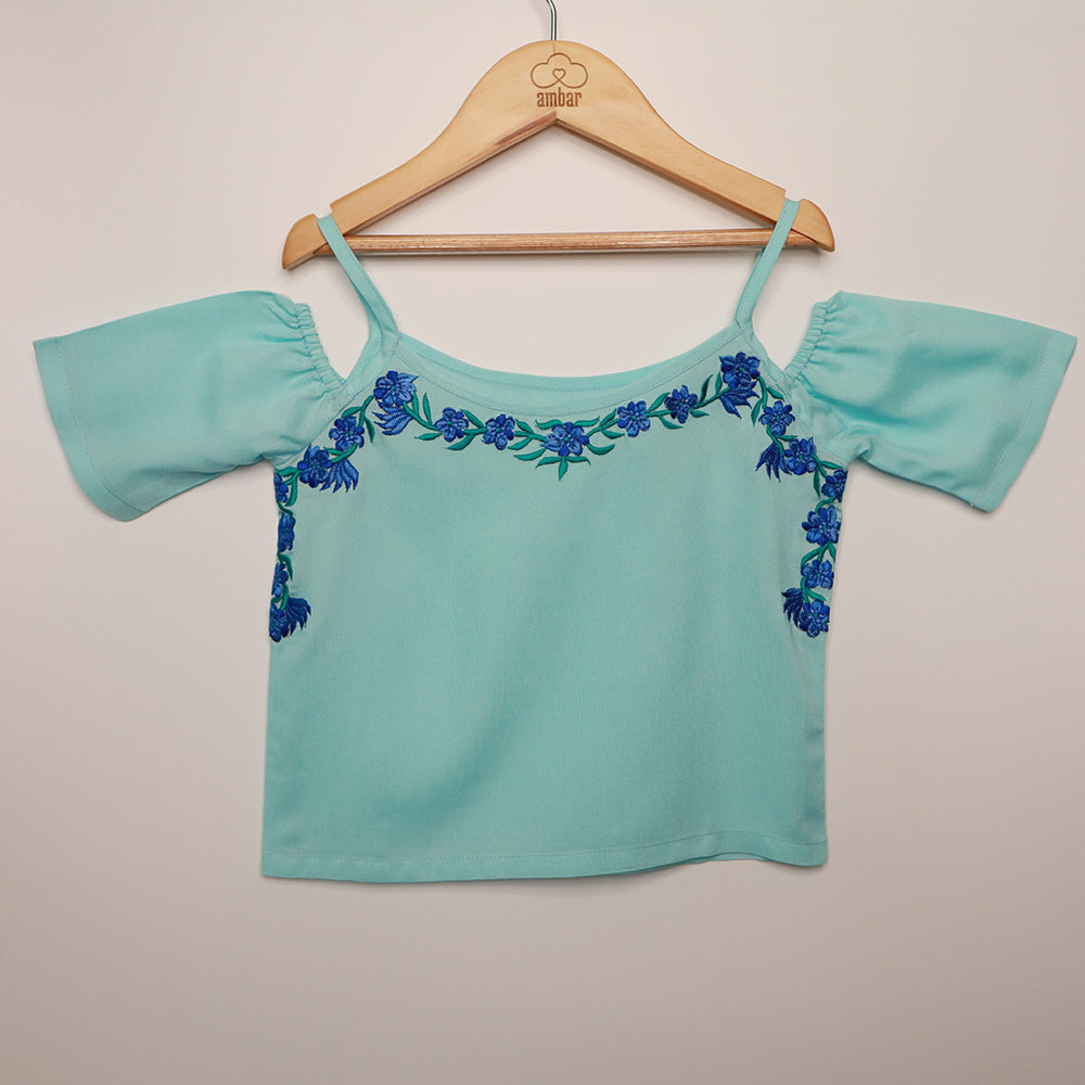 Gardinia Periwinkle embroidery cold shoulder flowy cotton top - blue