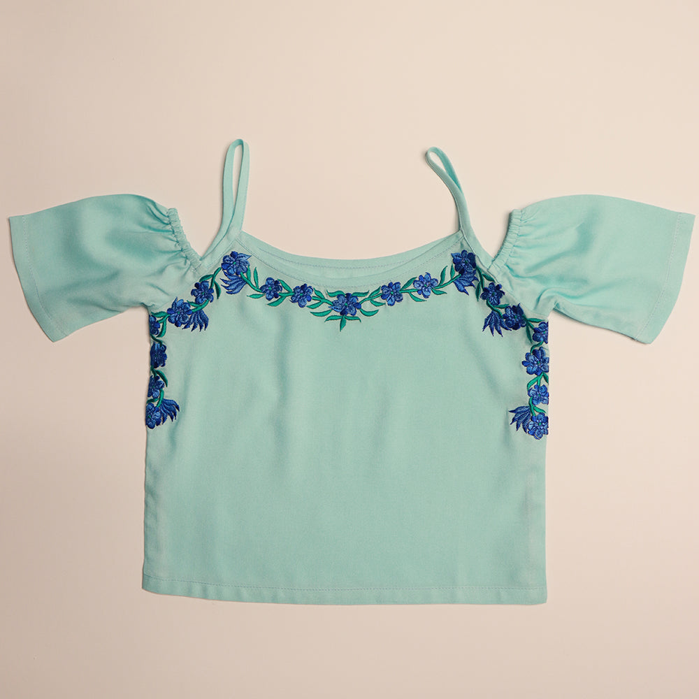 Gardinia Periwinkle embroidery cold shoulder flowy cotton top - blue
